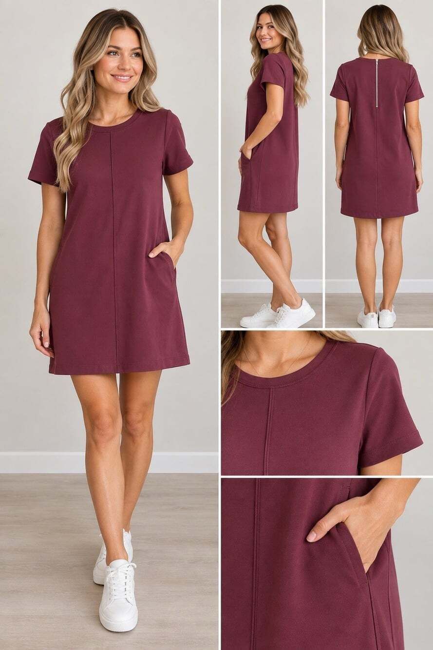 LOFT Petite Burgundy Ponte Shift Dress Short Sleeve Pockets MP